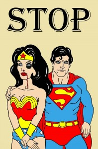 Wonder Woman and Superman Art Portrait Social Campaign Domestic Woman Women's Violence Abuse Stop Satire Sketch Cartoon Illustration Critic Humor Chic by aleXsandro Palombo