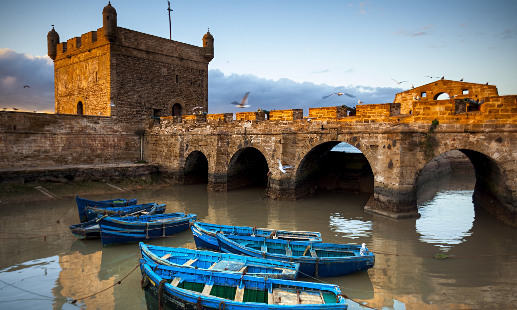 Boats beneath the fortified ramparts of Essaouira, Morocco